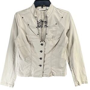 DKNY Y2K Jean Jacket Womens L Beige Button Studded Streetstyle Military Utility